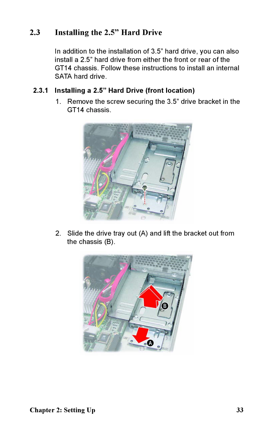 Tyan Computer B2933 manual Installing the 2.5 Hard Drive, Installing a 2.5 Hard Drive front location 