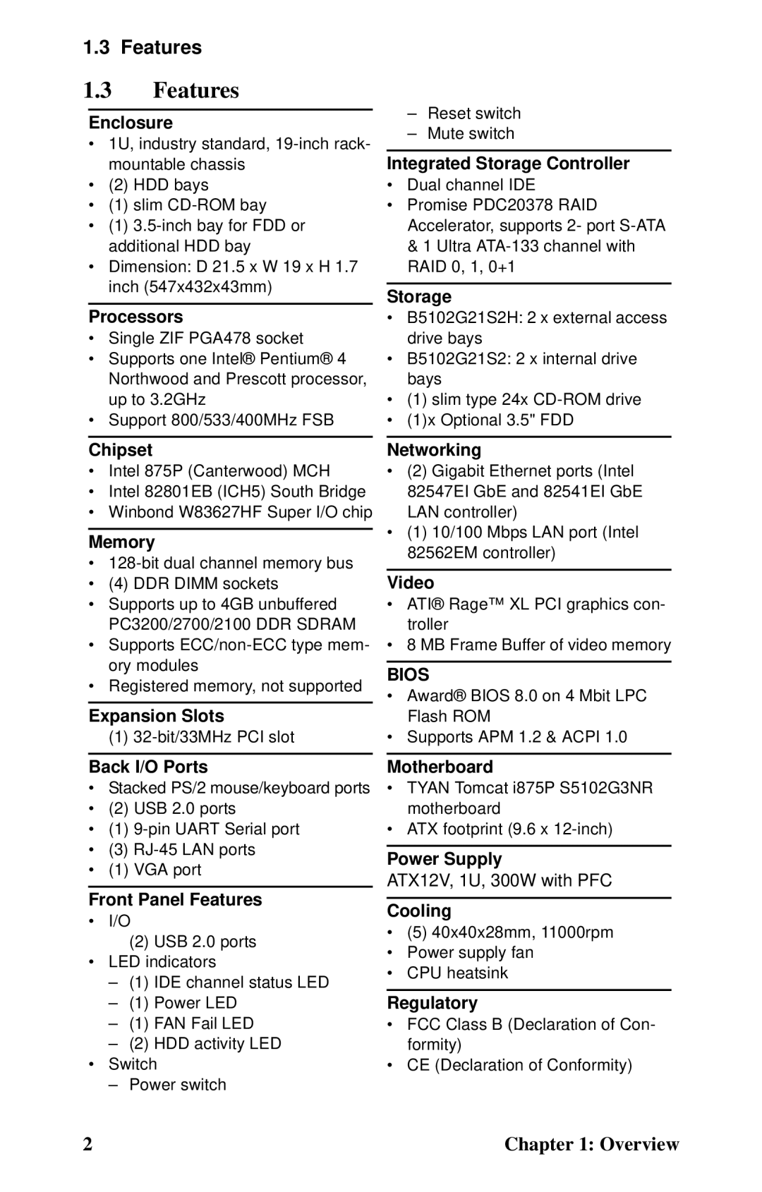 Tyan Computer B5102, GX21 manual Features 