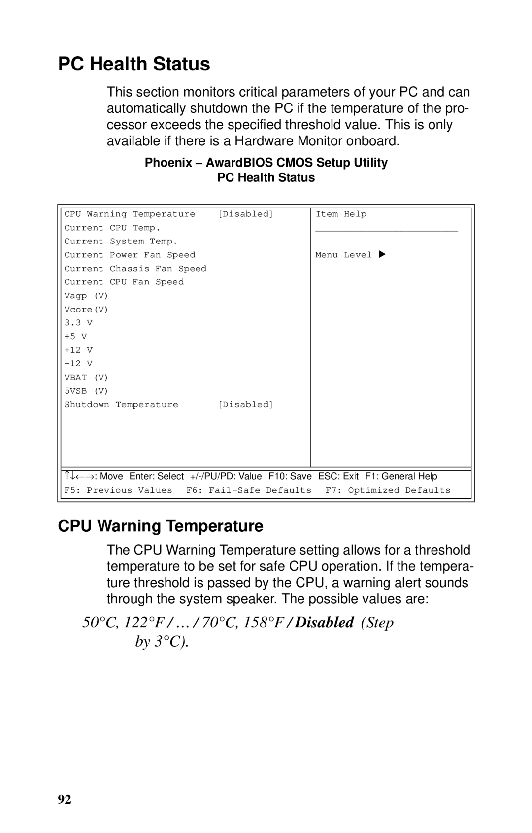 Tyan Computer B5102, GX21 manual CPU Warning Temperature, Phoenix AwardBIOS Cmos Setup Utility PC Health Status 