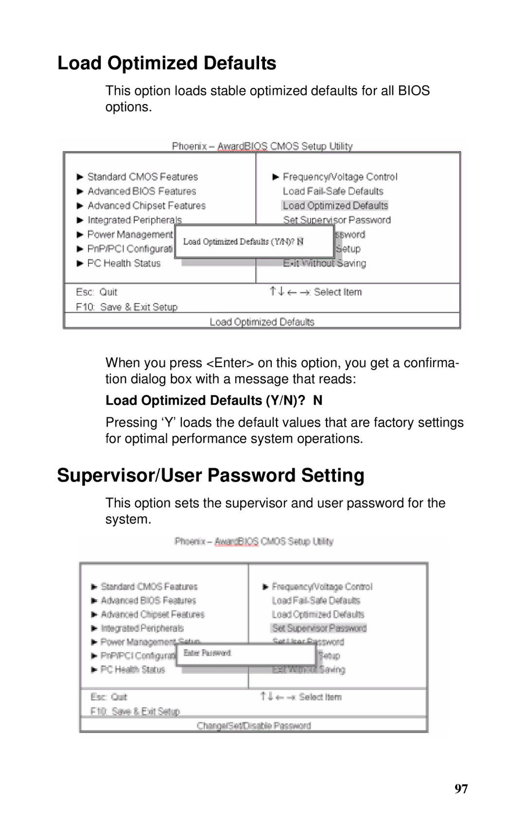 Tyan Computer GX21, B5102 manual Supervisor/User Password Setting, Load Optimized Defaults Y/N? N 