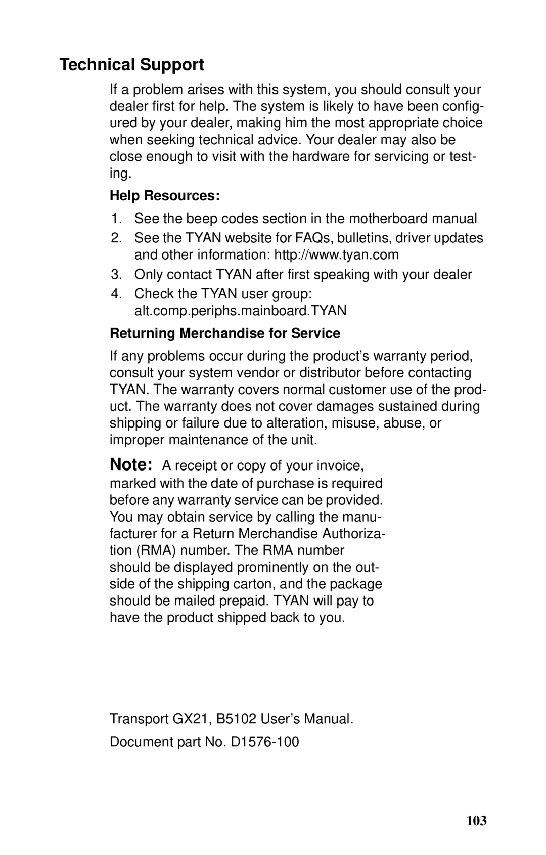 Tyan Computer GX21, B5102 manual Technical Support, Help Resources, Returning Merchandise for Service 