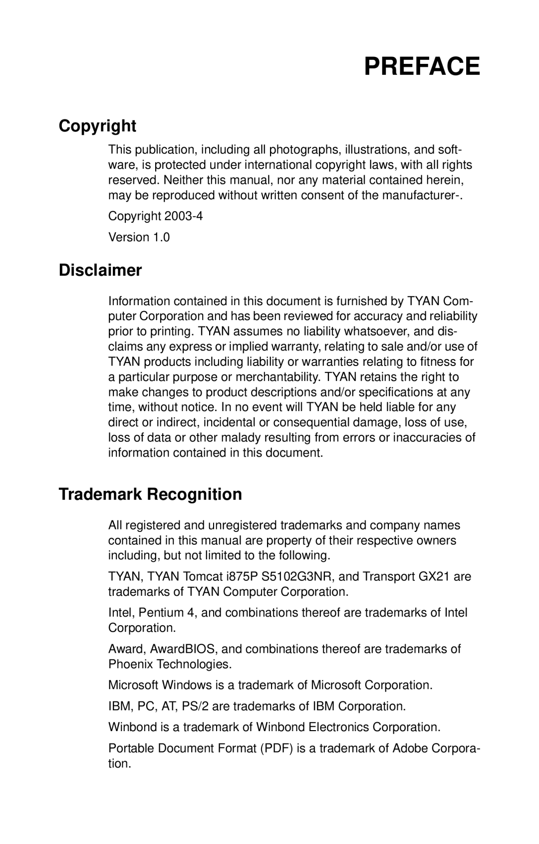 Tyan Computer GX21, B5102 manual Copyright, Disclaimer, Trademark Recognition 