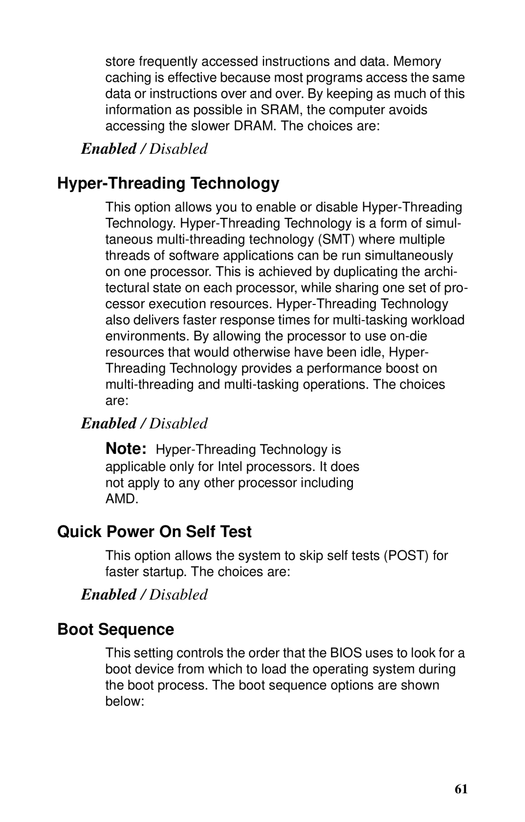 Tyan Computer GX21, B5102 manual Hyper-Threading Technology, Quick Power On Self Test, Boot Sequence 