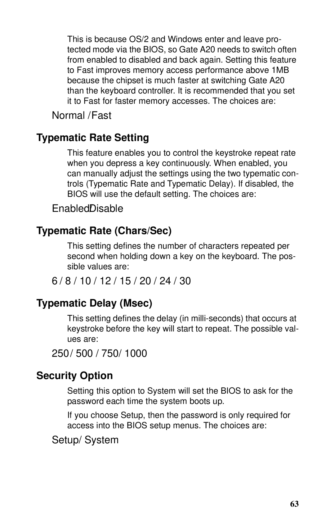 Tyan Computer GX21, B5102 manual Typematic Rate Setting, Typematic Rate Chars/Sec, Typematic Delay Msec, Security Option 