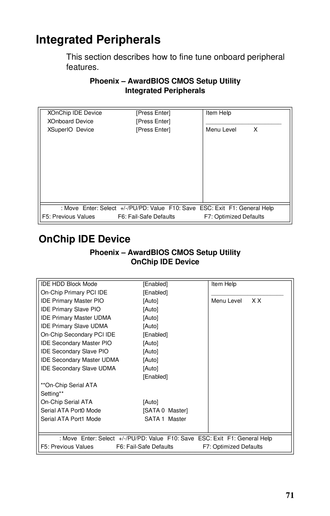 Tyan Computer GX21, B5102 manual OnChip IDE Device, Phoenix AwardBIOS Cmos Setup Utility Integrated Peripherals 