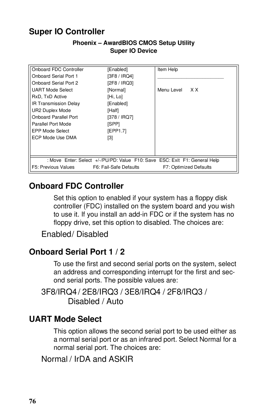 Tyan Computer B5102, GX21 manual Super IO Controller, Onboard FDC Controller, Onboard Serial Port 1, Uart Mode Select 