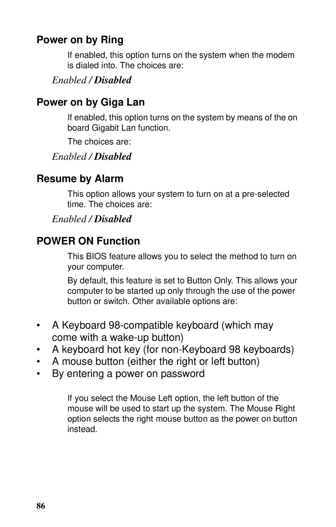 Tyan Computer B5102, GX21 manual Power on by Ring, Power on by Giga Lan, Resume by Alarm, Power on Function 