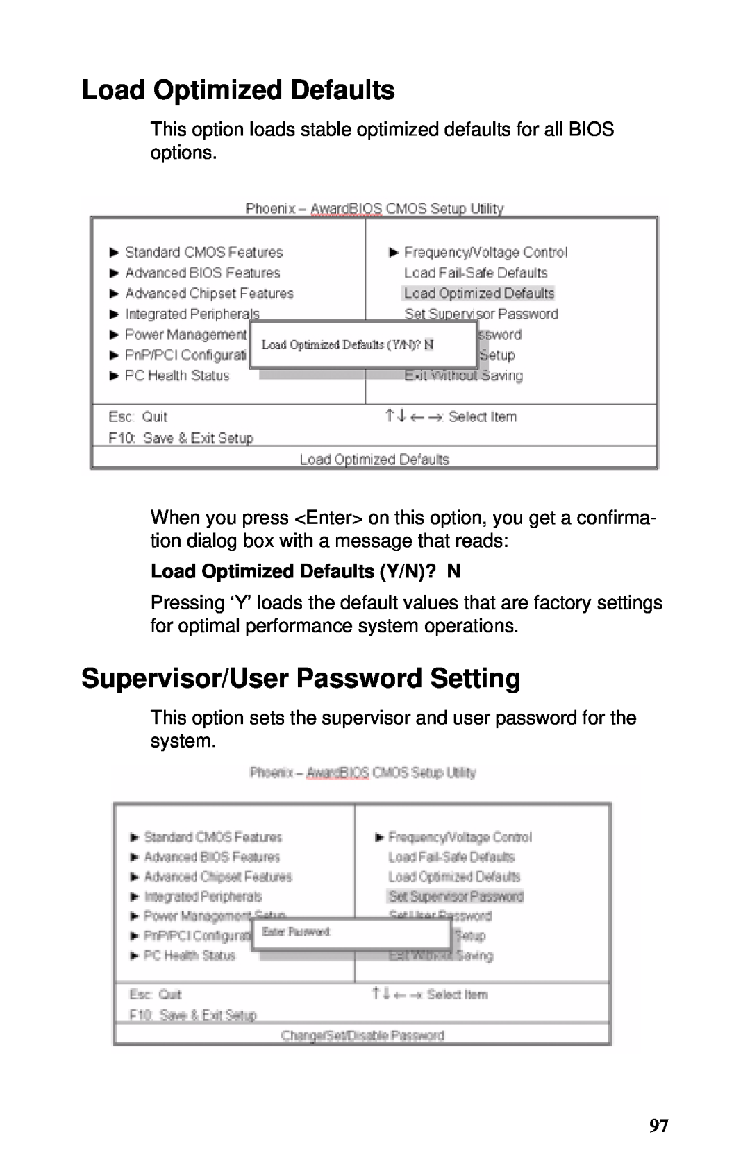 Tyan Computer GX21, B5102 manual Supervisor/User Password Setting, Load Optimized Defaults Y/N? N 
