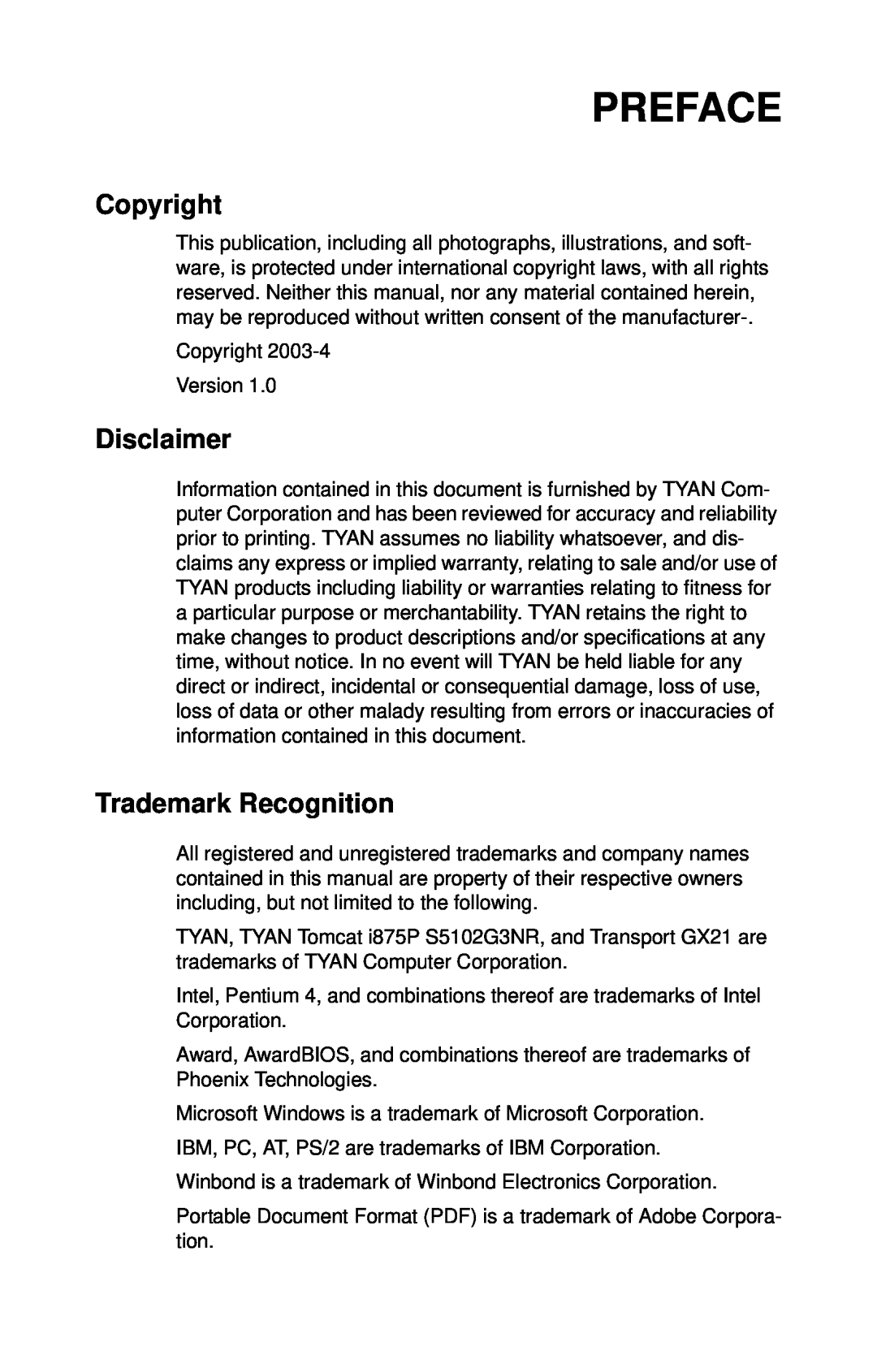 Tyan Computer GX21, B5102 manual Preface, Copyright, Disclaimer, Trademark Recognition 