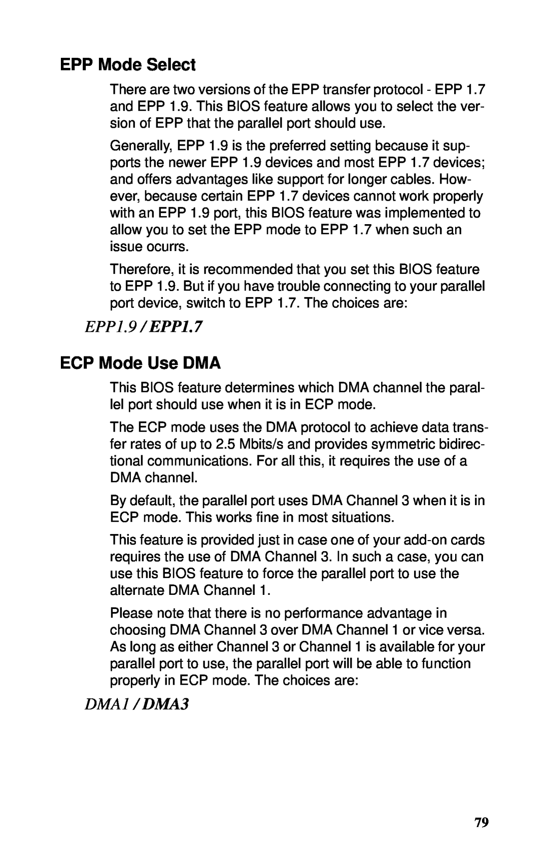 Tyan Computer GX21, B5102 manual EPP Mode Select, EPP1.9 / EPP1.7, ECP Mode Use DMA, DMA1 / DMA3 