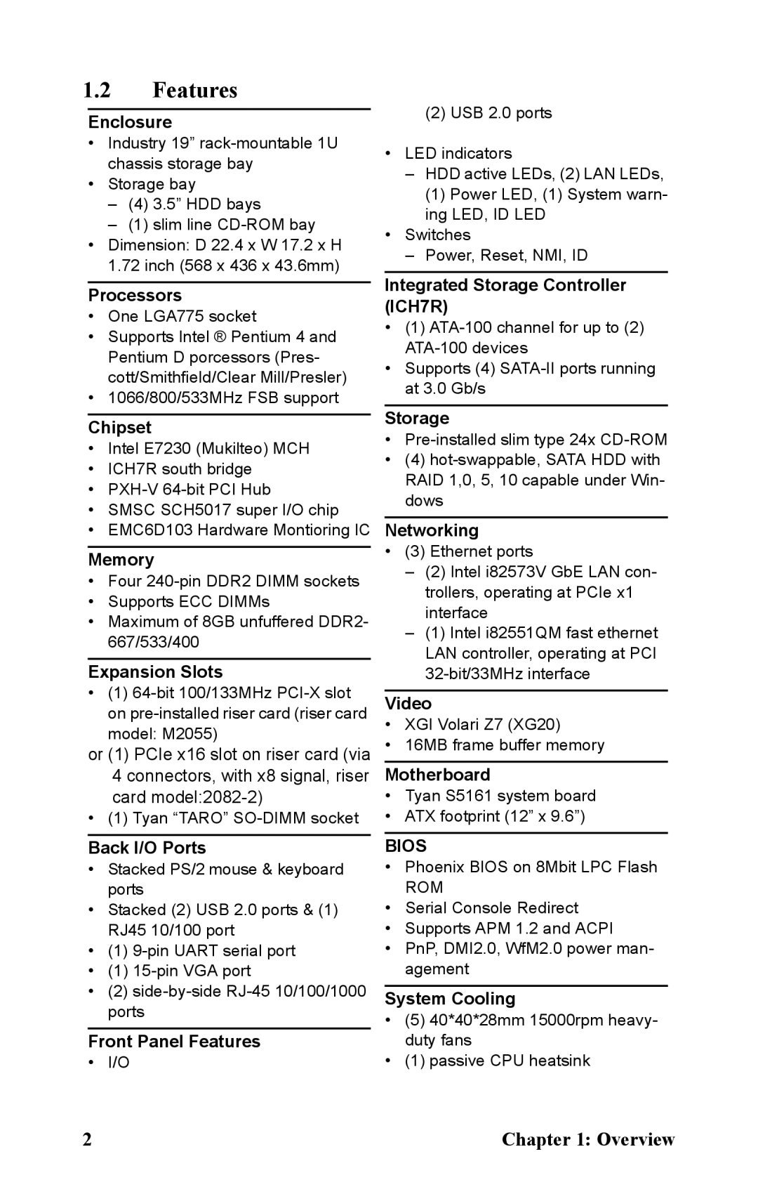 Tyan Computer B5161 manual Features, Enclosure 