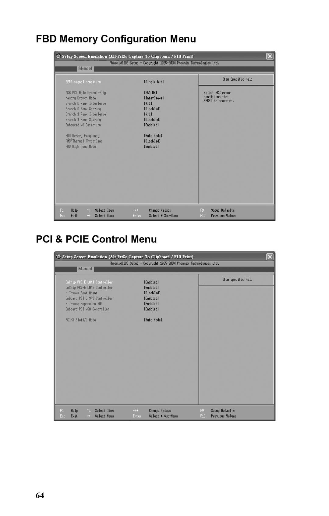 Tyan Computer B5381 manual FBD Memory Configuration Menu PCI & Pcie Control Menu 