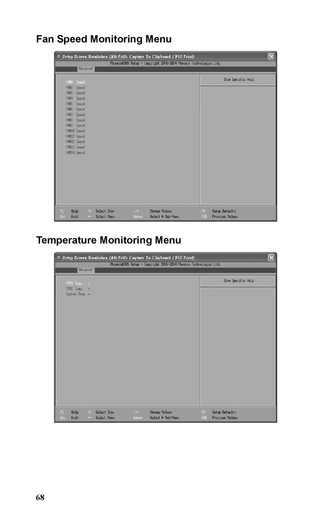 Tyan Computer B5381 manual Fan Speed Monitoring Menu Temperature Monitoring Menu 