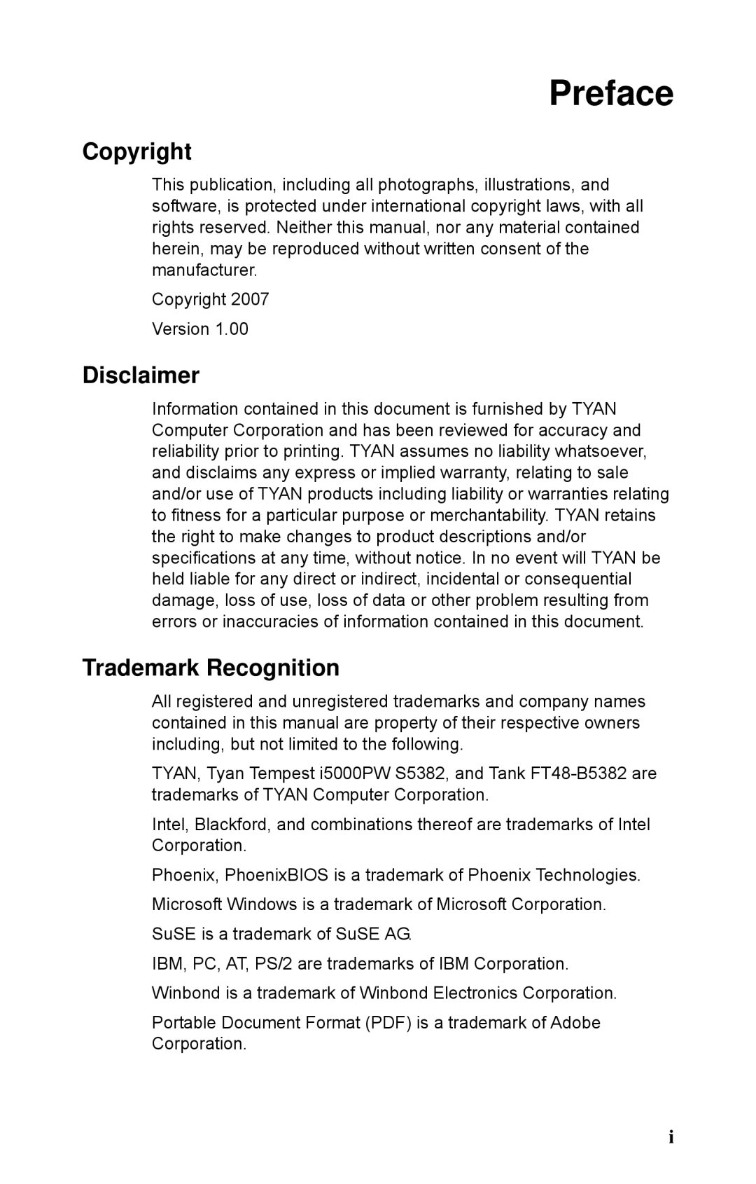 Tyan Computer B5382 manual Copyright, Disclaimer, Trademark Recognition 