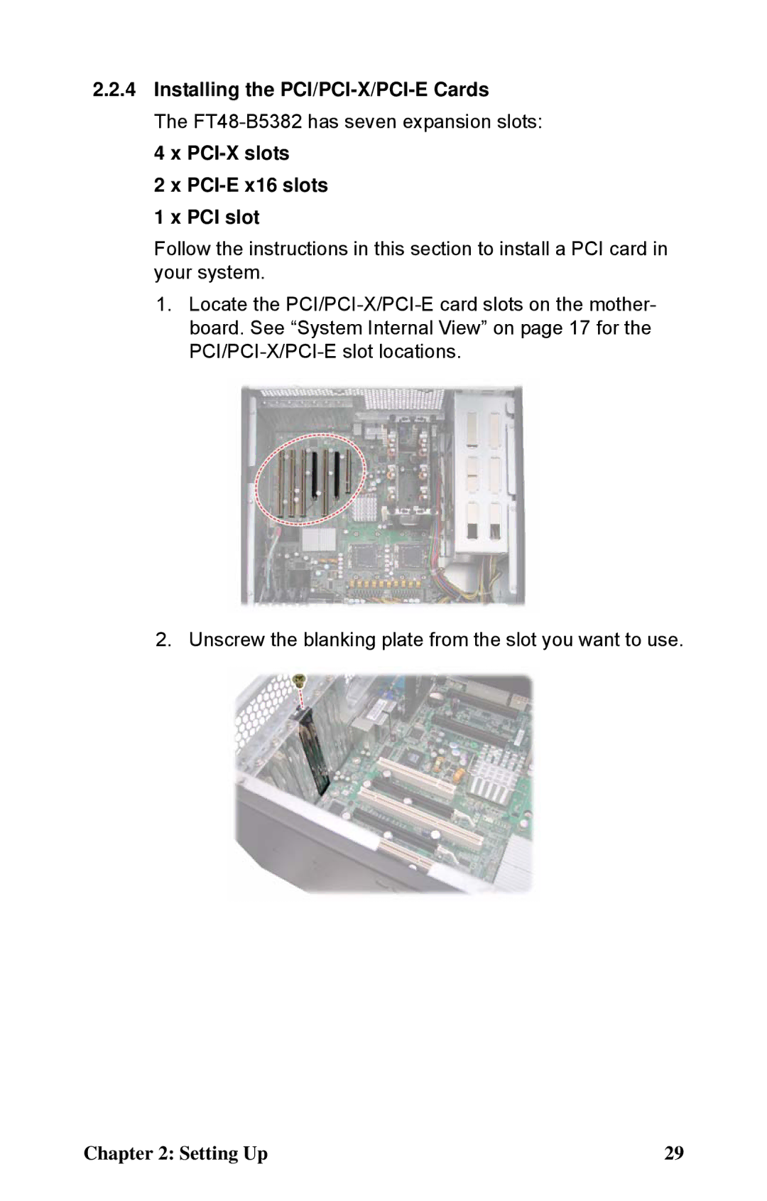 Tyan Computer B5382 manual Installing the PCI/PCI-X/PCI-E Cards, PCI-X slots PCI-E x16 slots PCI slot 