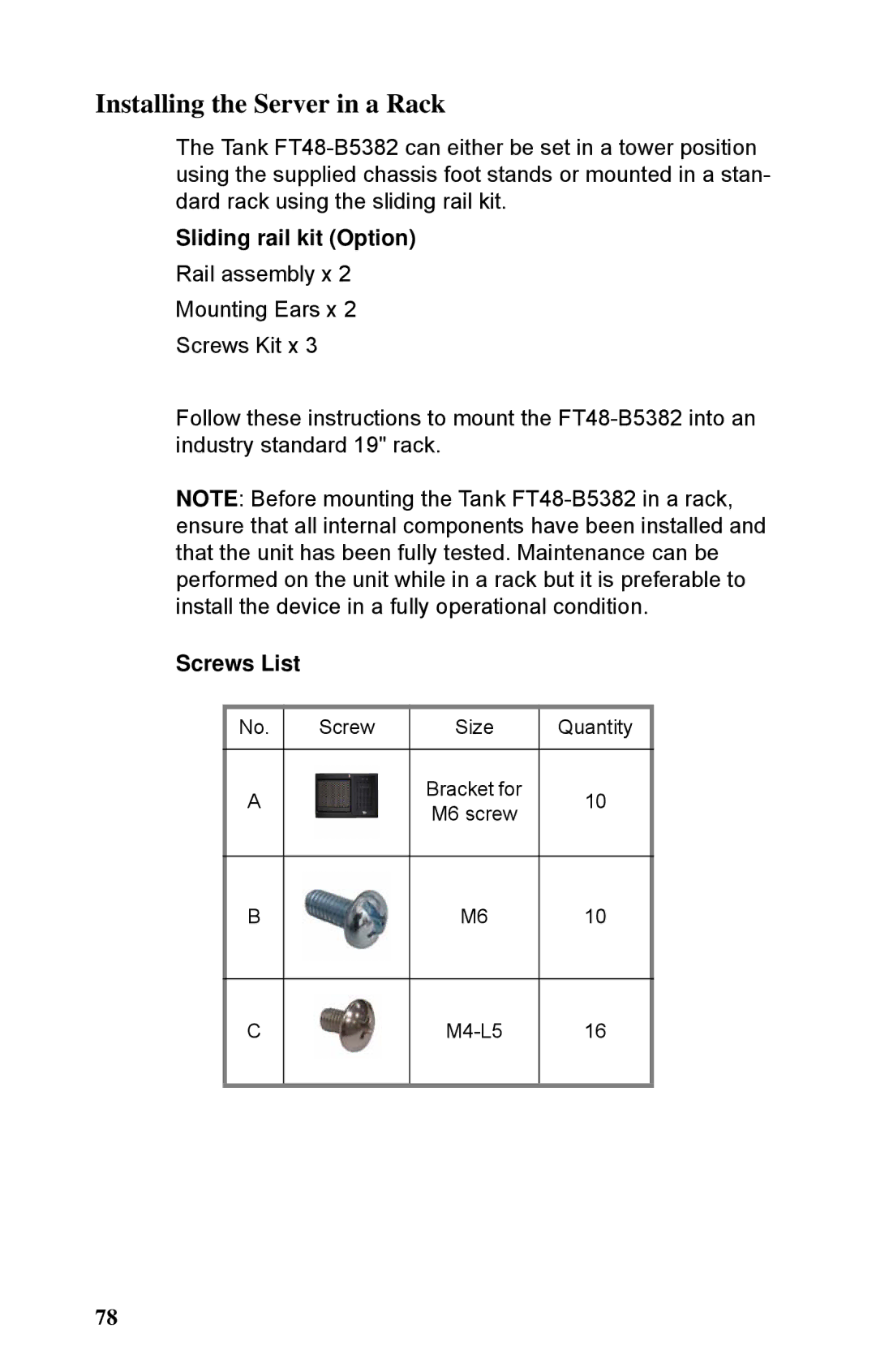 Tyan Computer B5382 manual Installing the Server in a Rack, Sliding rail kit Option, Screws List 