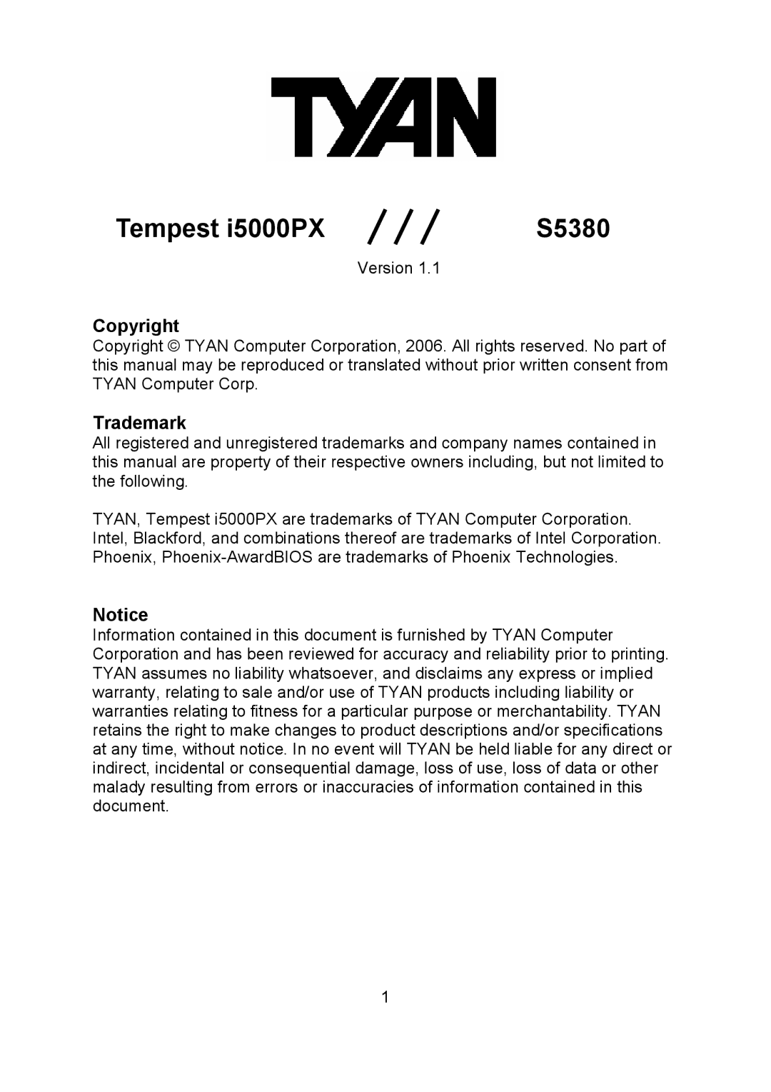 Tyan Computer i500opx warranty Tempest i5000PX, Copyright, Trademark 