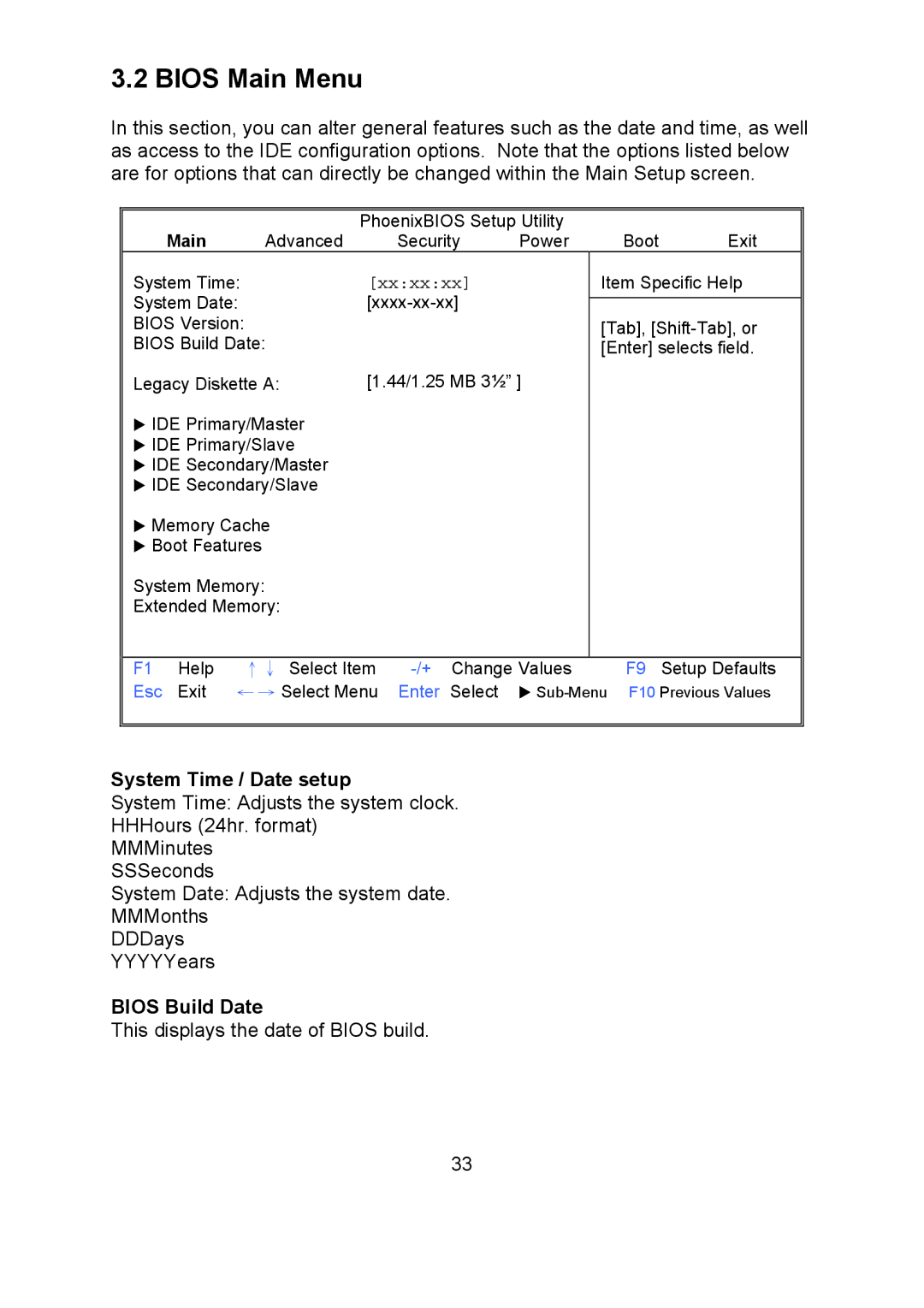 Tyan Computer i500opx warranty Bios Main Menu, System Time / Date setup, Bios Build Date, Esc, Enter 