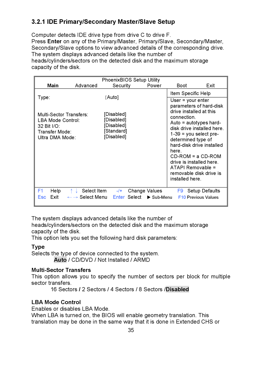 Tyan Computer i500opx warranty IDE Primary/Secondary Master/Slave Setup, Type, Multi-Sector Transfers, LBA Mode Control 