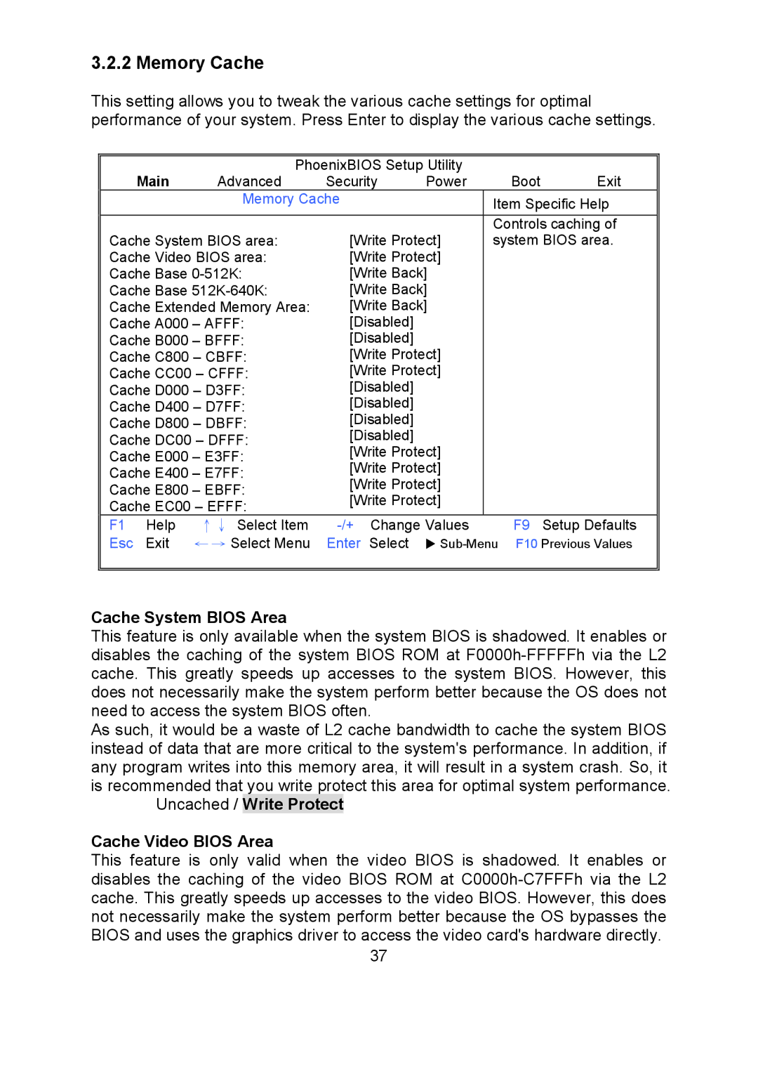 Tyan Computer i500opx warranty Memory Cache, Cache System Bios Area, Uncached / Write Protect Cache Video Bios Area 