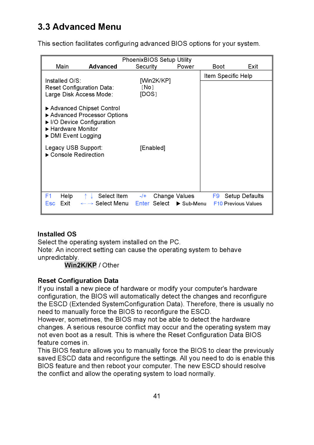 Tyan Computer i500opx warranty Advanced Menu, Installed OS, Win2K/KP / Other Reset Configuration Data 