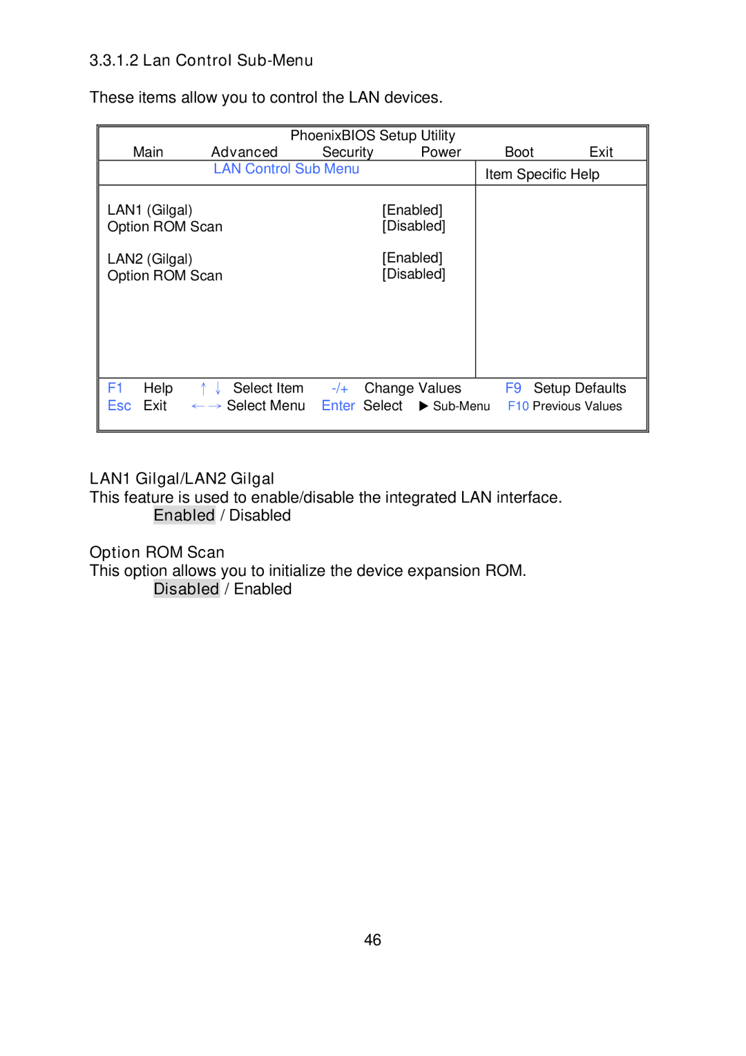 Tyan Computer i500opx warranty Lan Control Sub-Menu, LAN1 Gilgal/LAN2 Gilgal, Option ROM Scan, LAN Control Sub Menu 