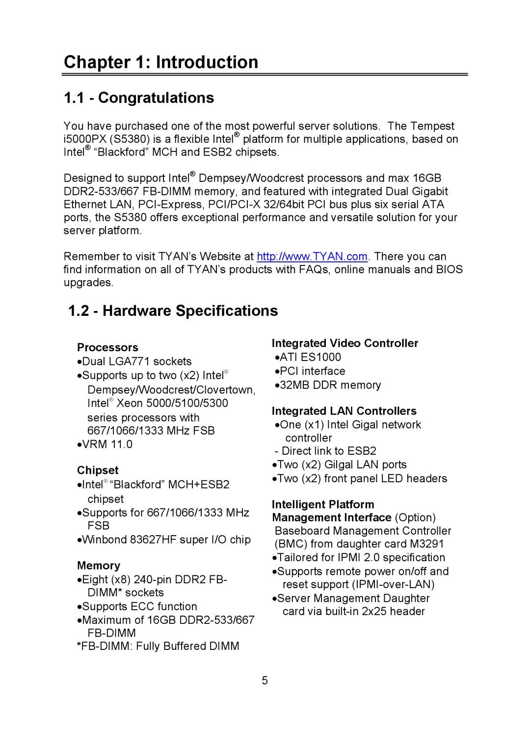 Tyan Computer i500opx warranty Introduction, Congratulations, Hardware Specifications 