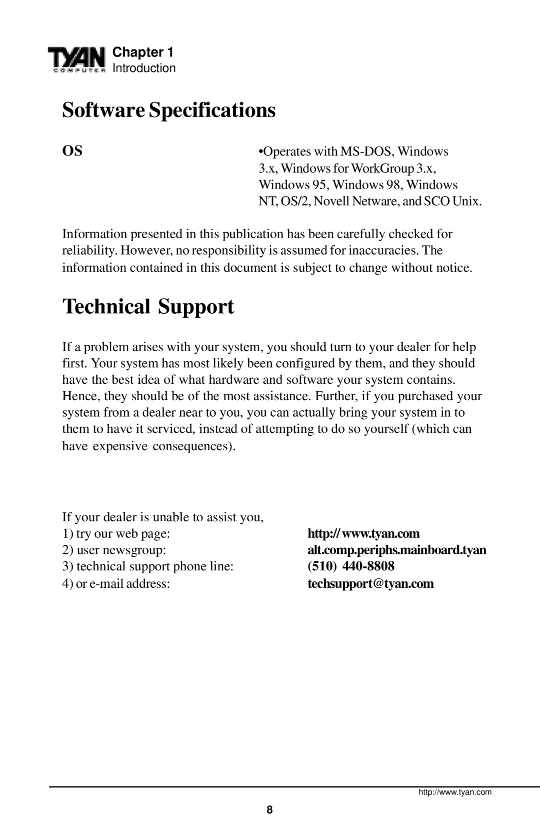 Tyan Computer InterServe 90 manual Software Specifications, Technical Support, Alt.comp.periphs.mainboard.tyan, 510 