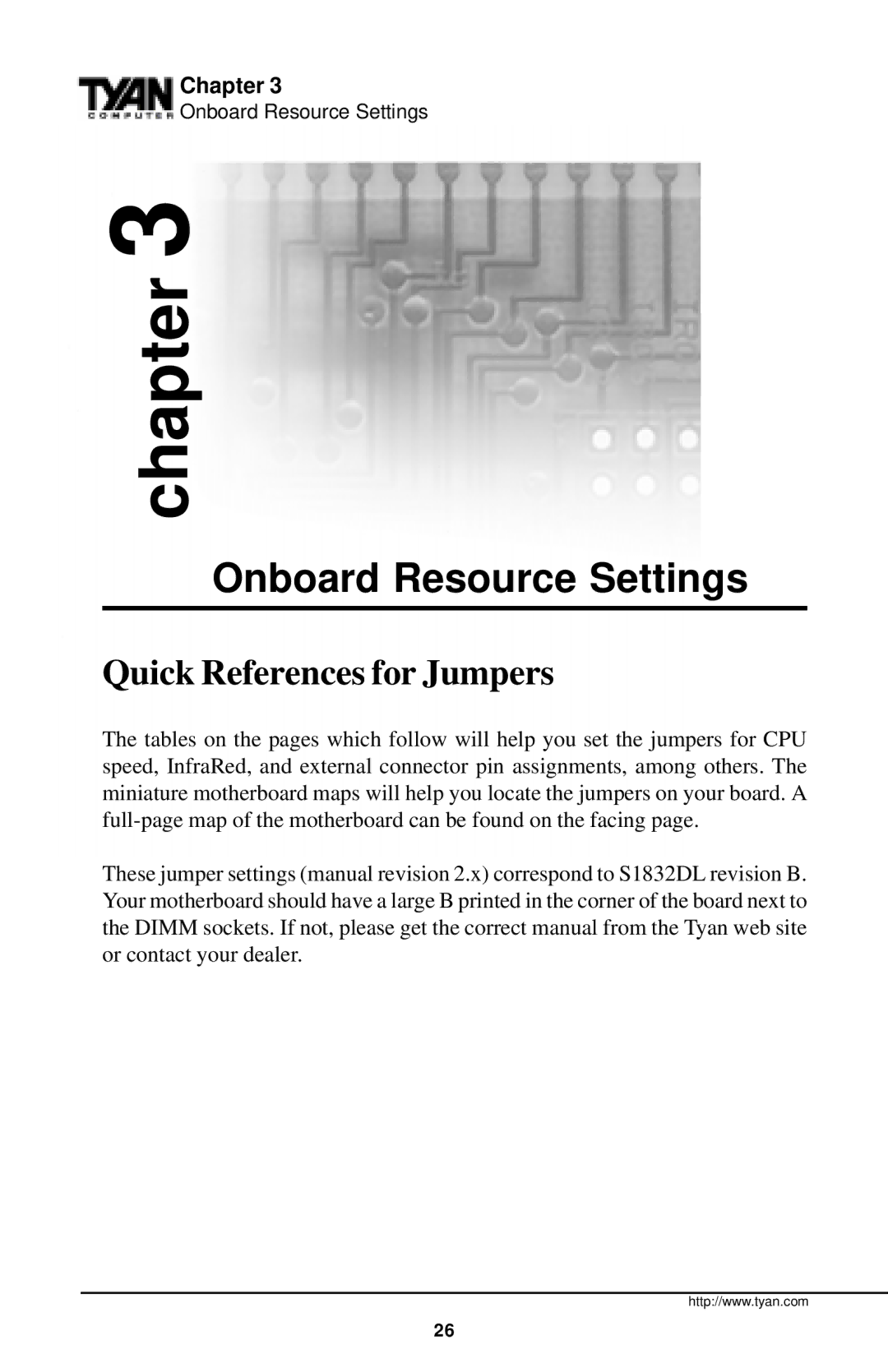 Tyan Computer InterServe 90 manual Onboard Resource Settings, Quick References for Jumpers 