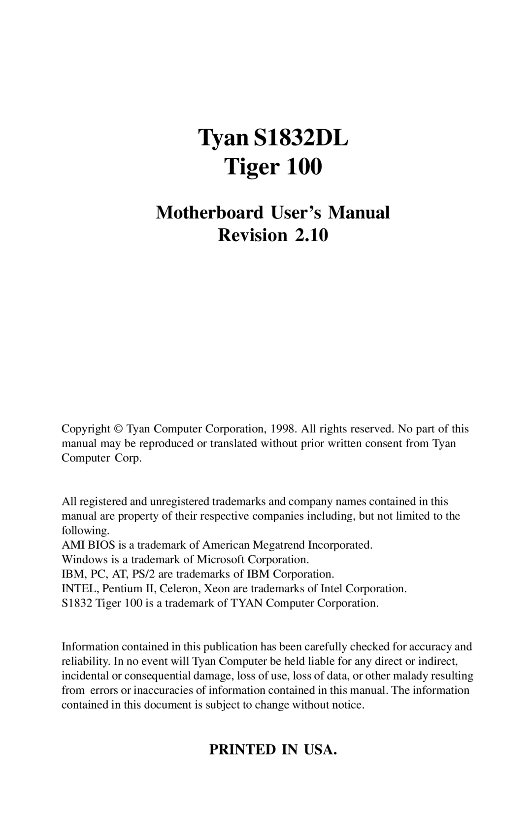 Tyan Computer InterServe 90 manual Tyan S1832DL Tiger 