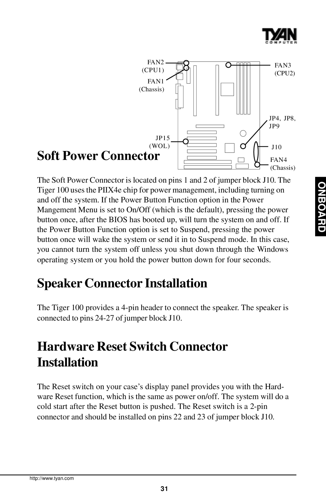 Tyan Computer InterServe 90 manual Soft Power Connector, Speaker Connector Installation 