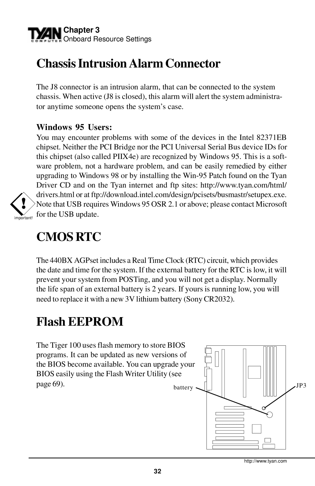 Tyan Computer InterServe 90 manual Chassis Intrusion Alarm Connector, Flash Eeprom, Windows 95 Users 