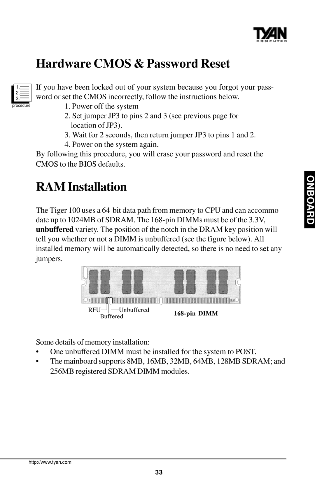 Tyan Computer InterServe 90 manual Hardware Cmos & Password Reset, RAM Installation 