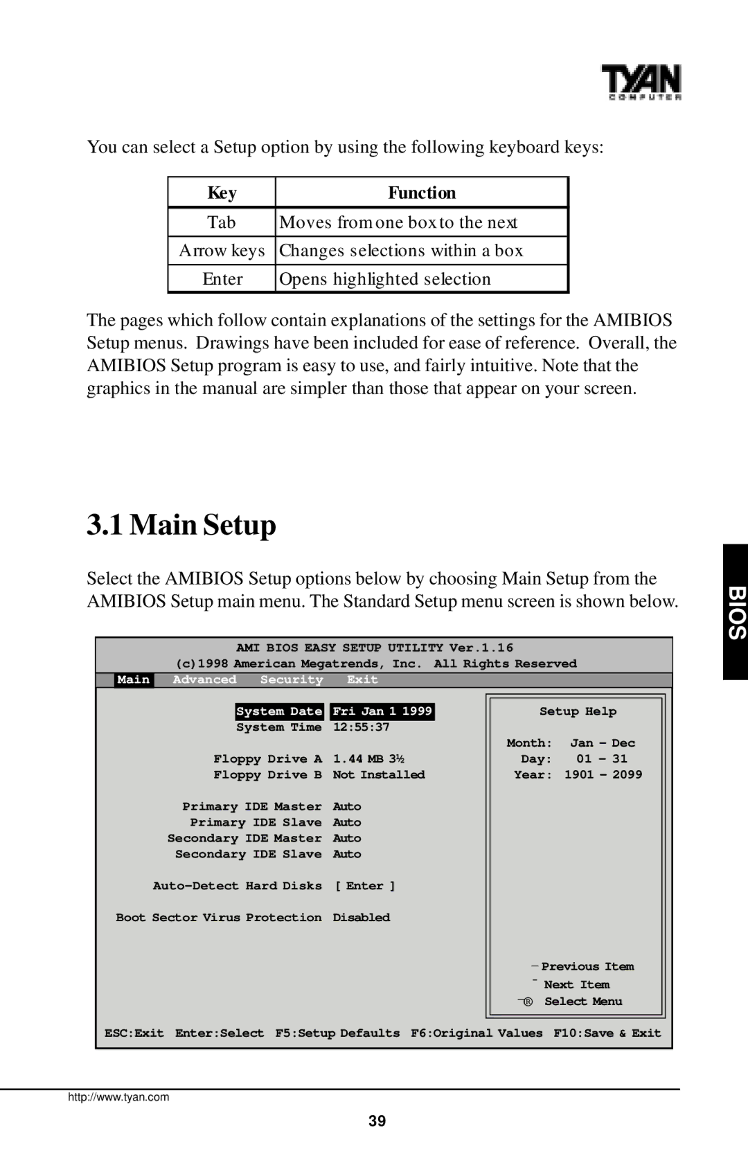 Tyan Computer InterServe 90 manual Main Setup, Key Function 