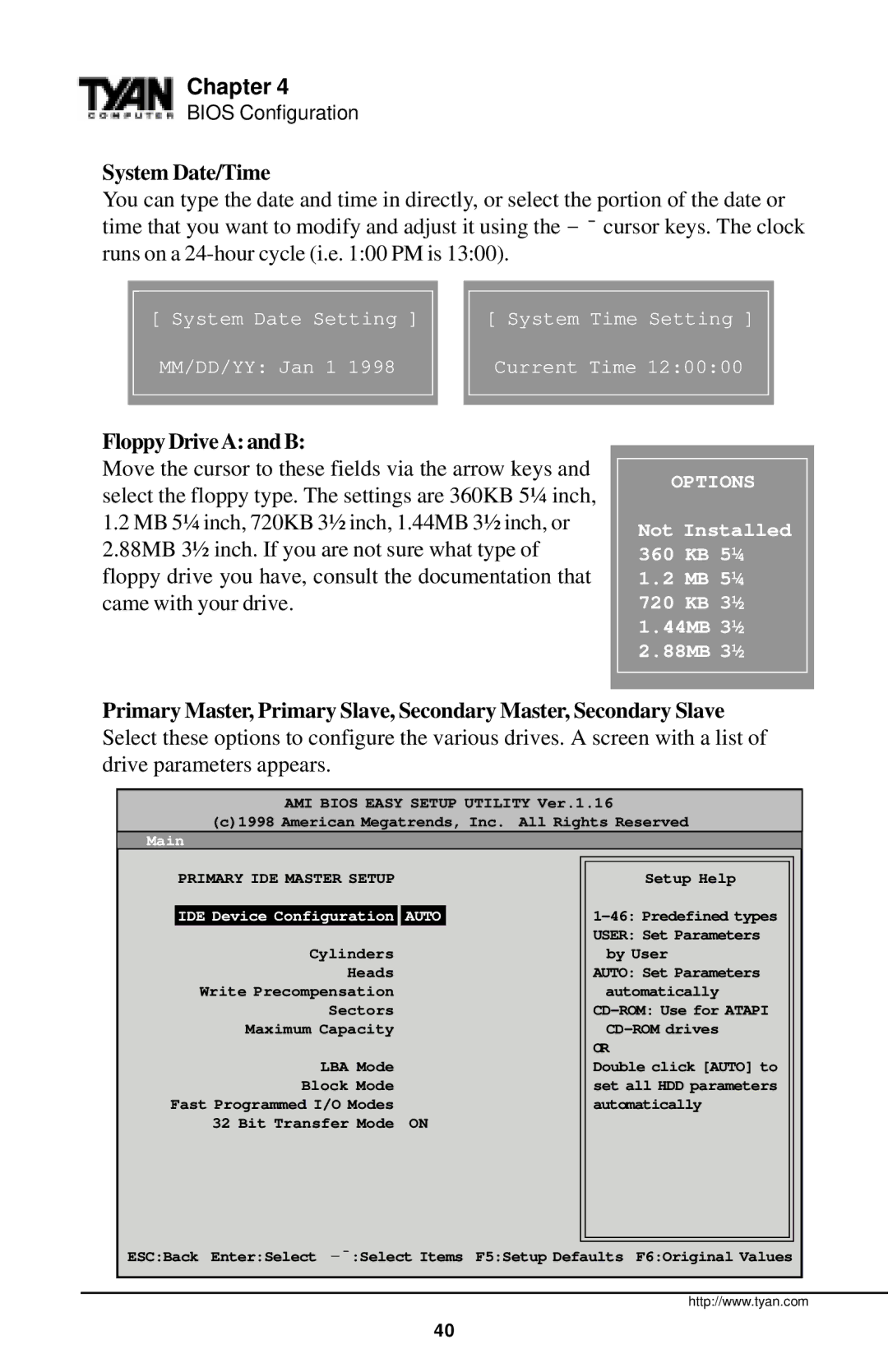 Tyan Computer InterServe 90 manual System Date/Time, Floppy Drive a and B 