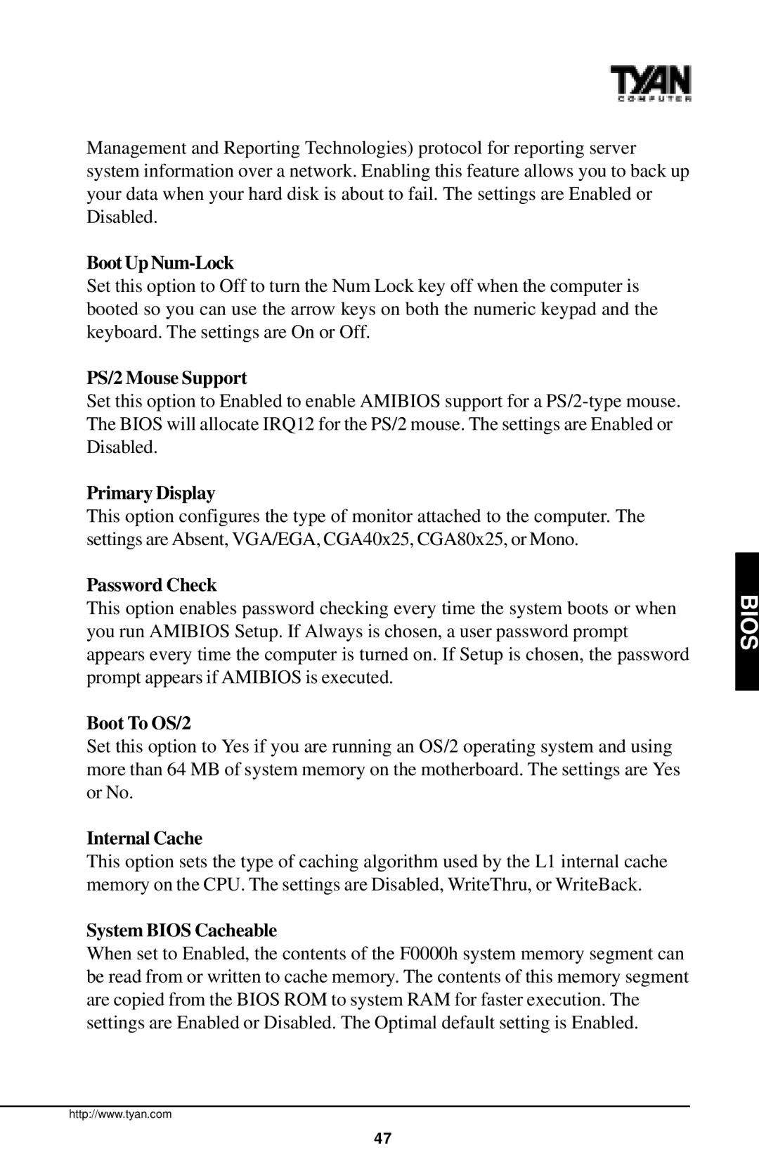 Tyan Computer InterServe 90 manual Boot Up Num-Lock, PS/2 Mouse Support, Primary Display, Password Check, Boot To OS/2 