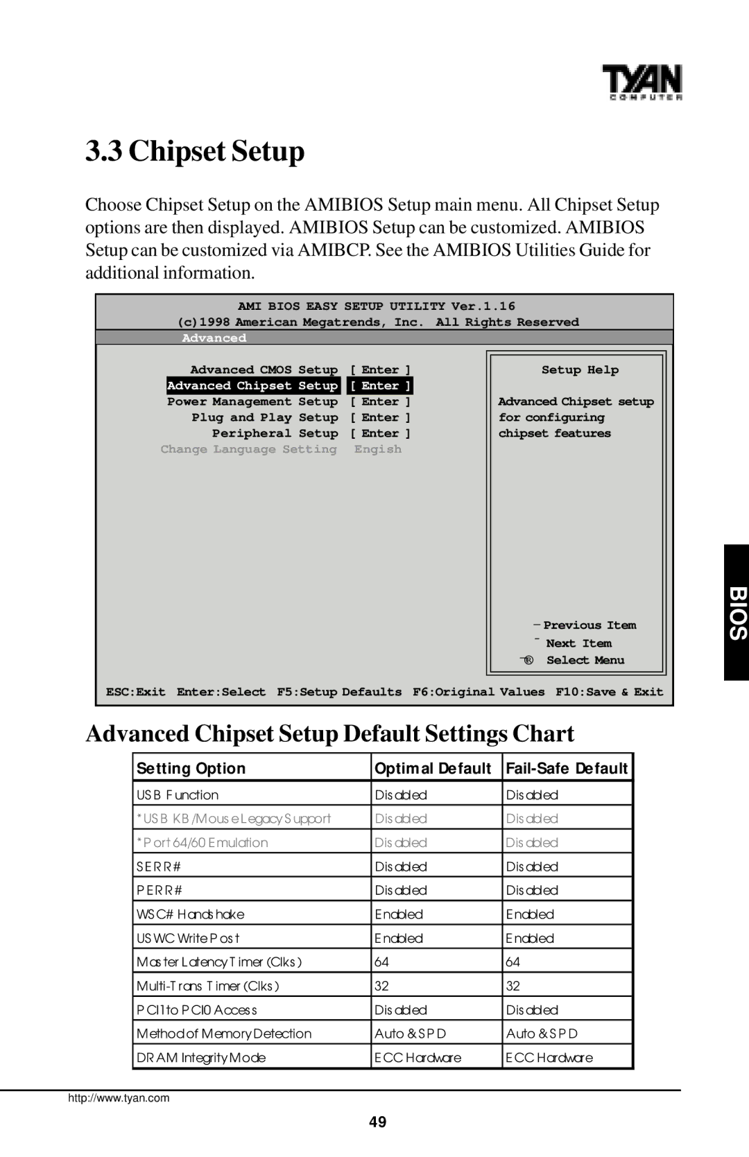 Tyan Computer InterServe 90 manual Advanced Chipset Setup Enter 