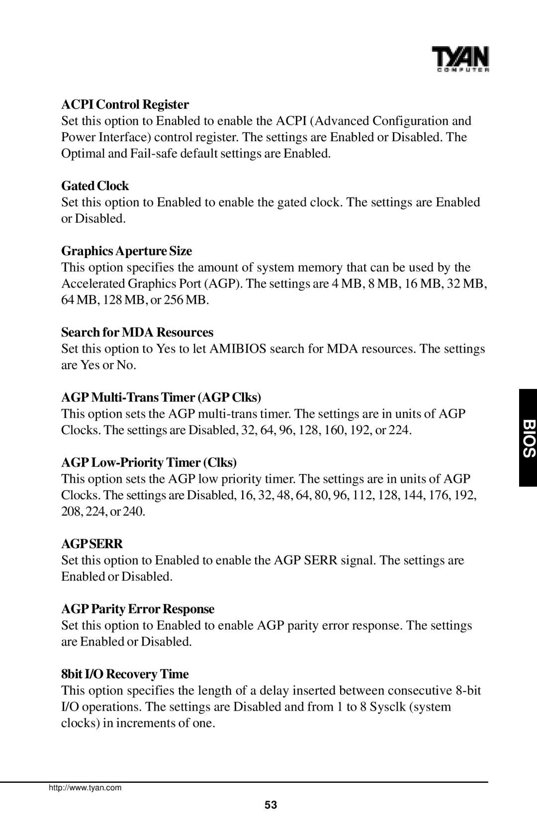 Tyan Computer InterServe 90 manual Acpi Control Register, Gated Clock, Graphics Aperture Size, Search for MDA Resources 