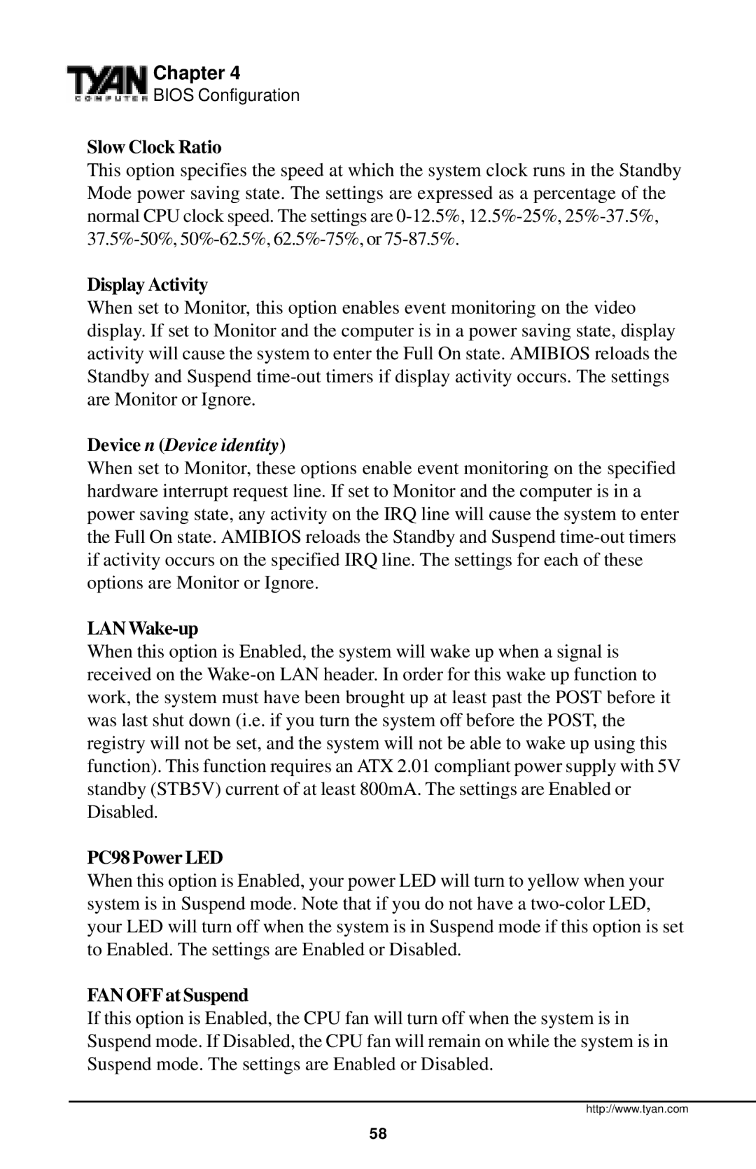 Tyan Computer InterServe 90 manual Slow Clock Ratio, Display Activity, LAN Wake-up, PC98 Power LED, FAN OFF at Suspend 
