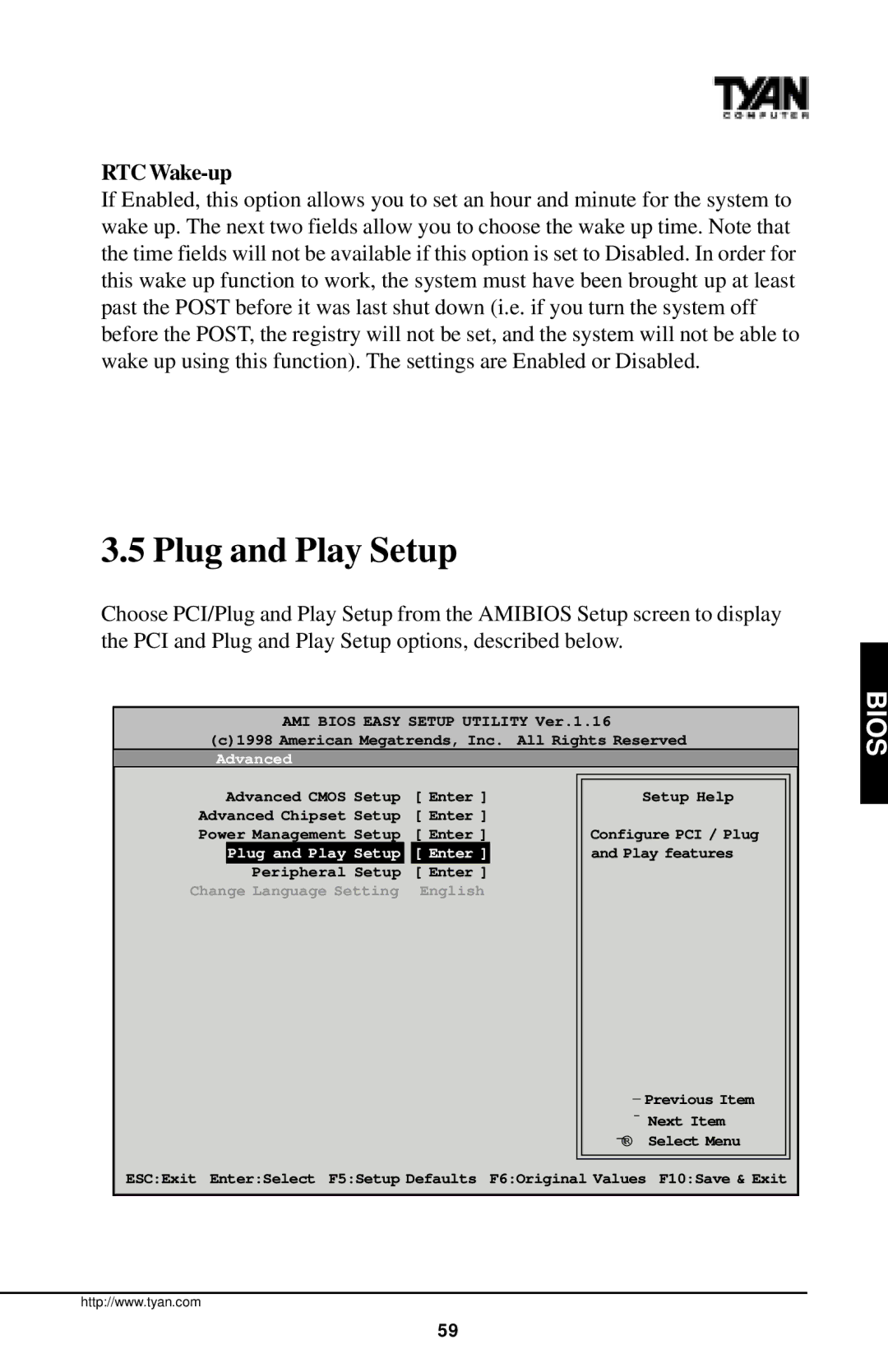 Tyan Computer InterServe 90 manual Plug and Play Setup, RTC Wake-up 