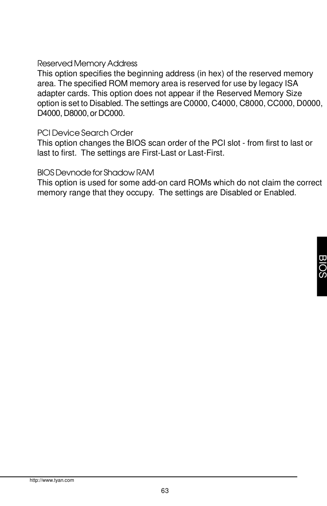 Tyan Computer InterServe 90 manual Reserved Memory Address, PCI Device Search Order, Bios Devnode for Shadow RAM 