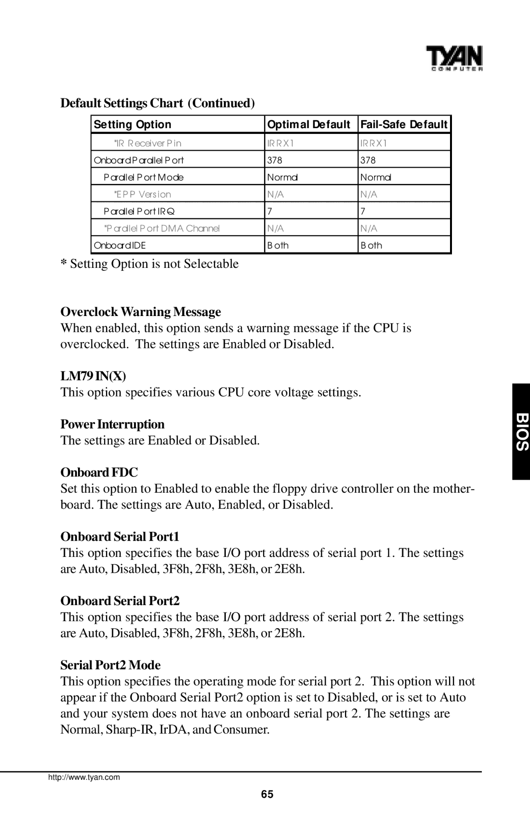 Tyan Computer InterServe 90 Default Settings Chart, Overclock Warning Message, LM79 INX, Power Interruption, Onboard FDC 