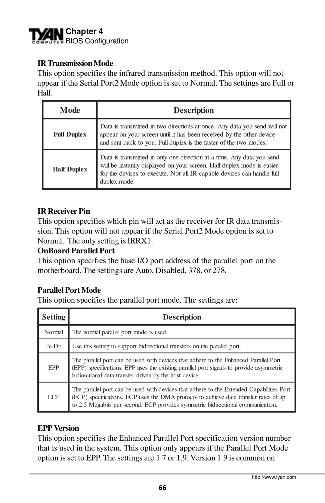 Tyan Computer InterServe 90 IR Transmission Mode, Mode Description, IR Receiver Pin, OnBoard Parallel Port, EPP Version 