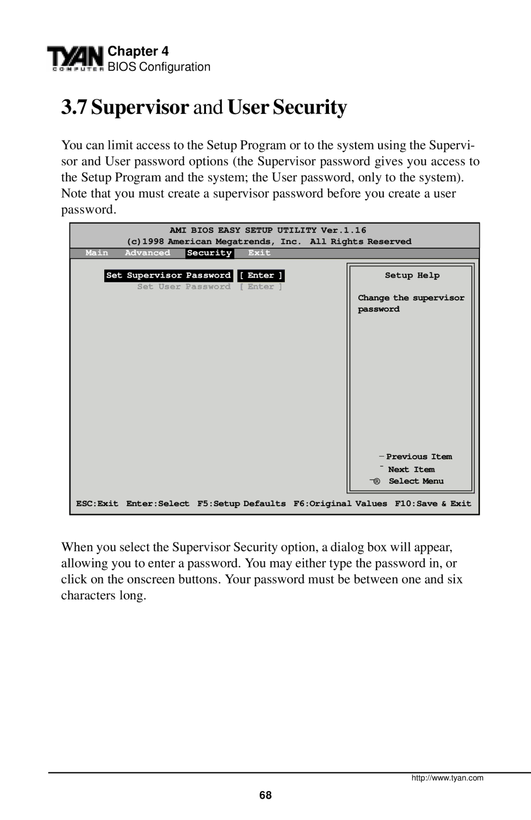 Tyan Computer InterServe 90 manual Supervisor and User Security 