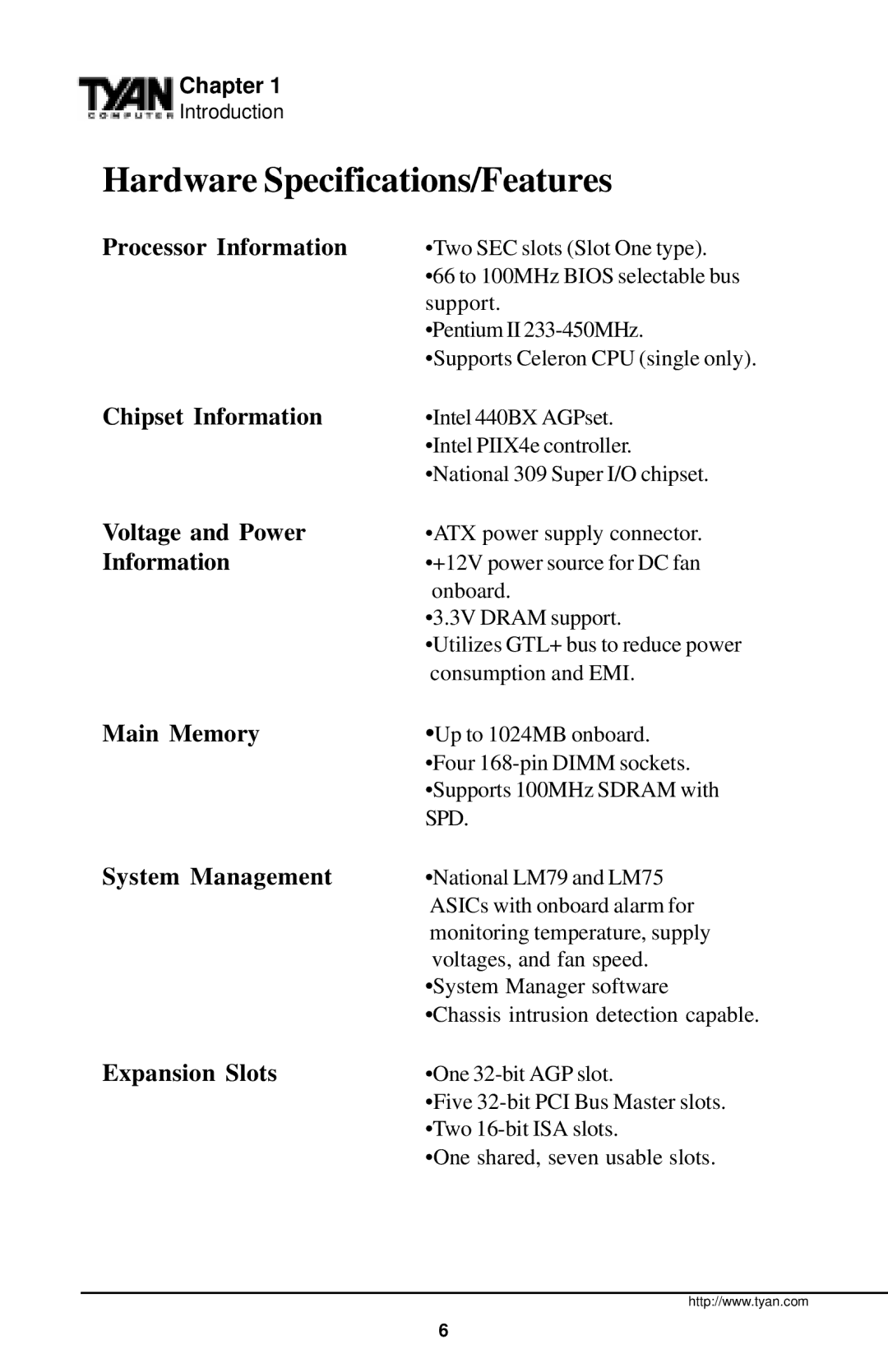 Tyan Computer InterServe 90 manual Hardware Specifications/Features 