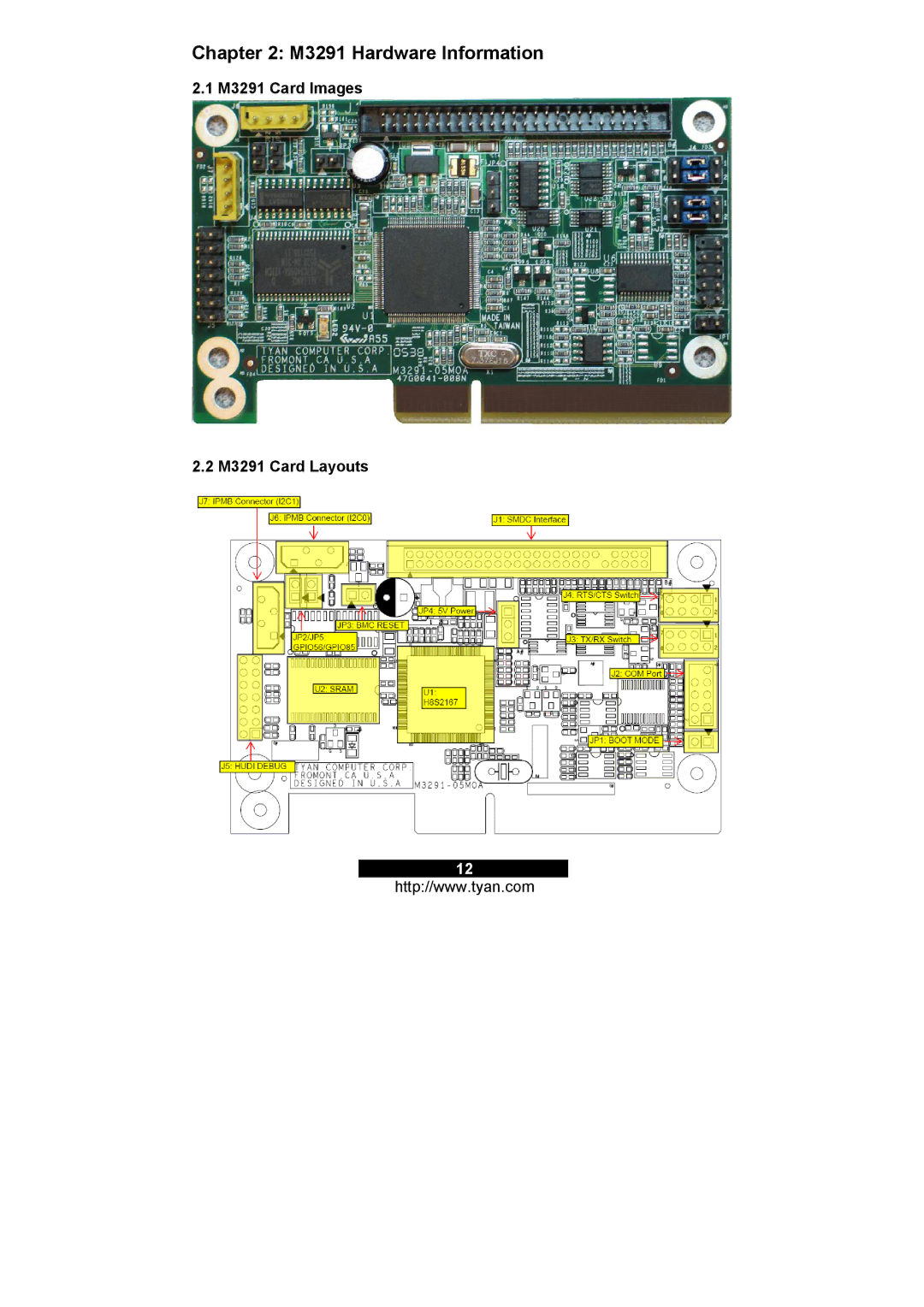 Tyan Computer M3295 warranty M3291 Hardware Information, M3291 Card Images M3291 Card Layouts 