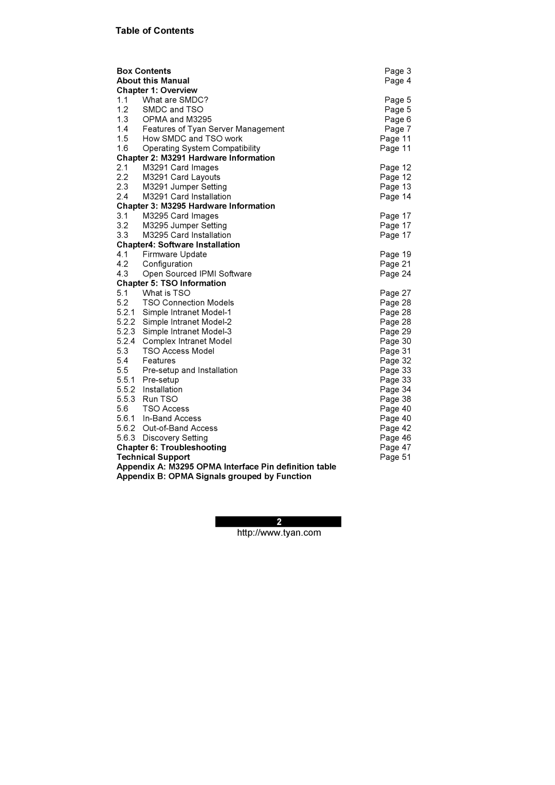 Tyan Computer M3295, M3291 warranty Table of Contents 