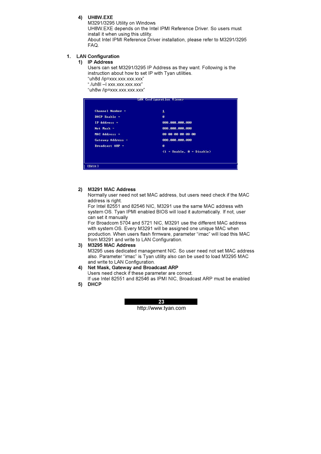 Tyan Computer warranty LAN Configuration IP Address, M3291 MAC Address, M3295 MAC Address 