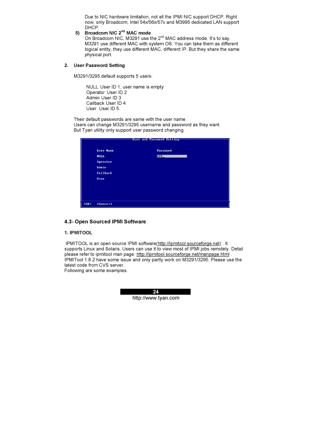 Tyan Computer M3295, M3291 warranty Open Sourced Ipmi Software, Broadcom NIC 2nd MAC mode 