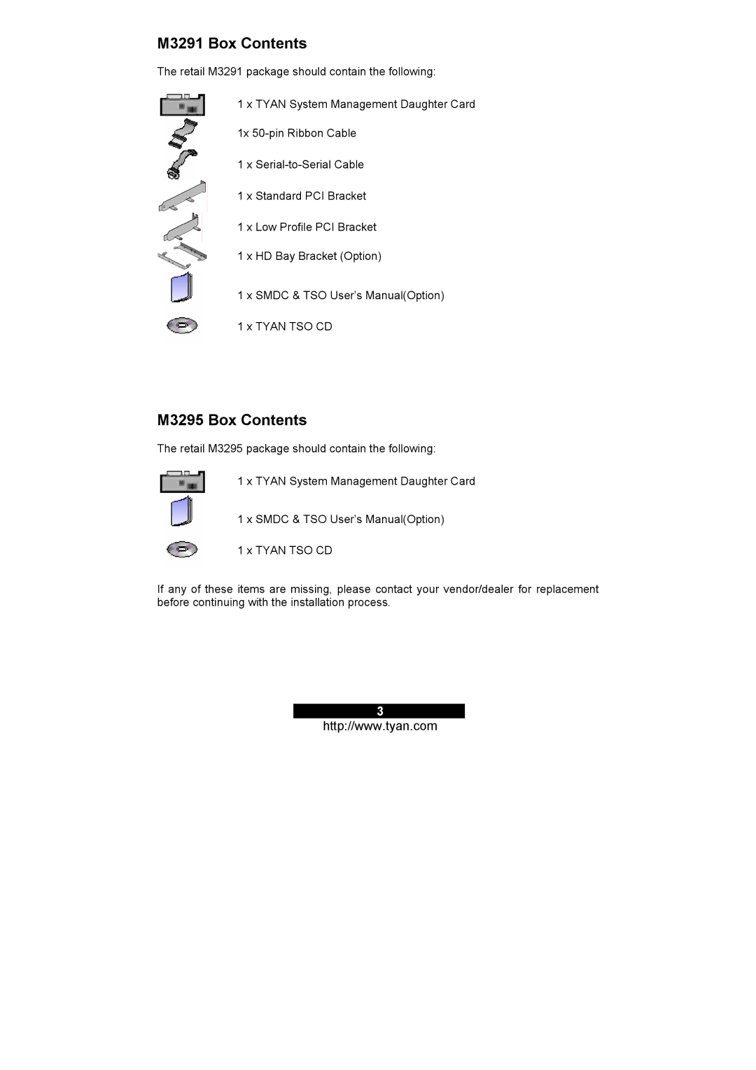 Tyan Computer warranty M3291 Box Contents, M3295 Box Contents 